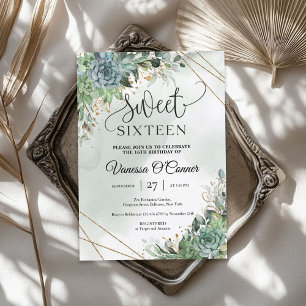 Invitation Boho lush succulents fleurs eucalyptus cadre or