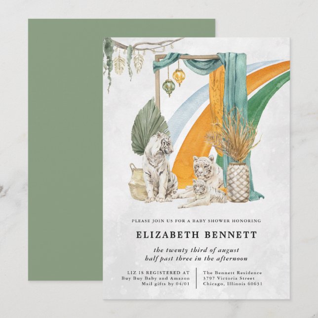 Invitation Boho Macrame Tiger Vert | BABY SHOWER (Devant / Derrière)