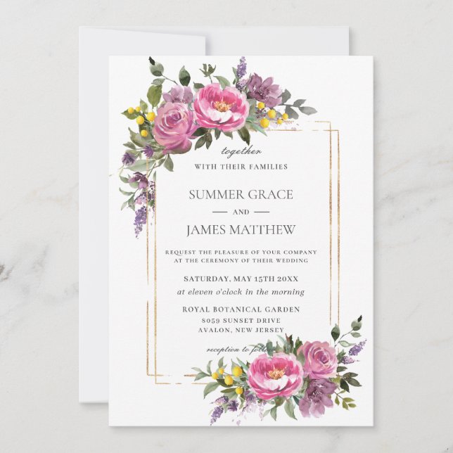 Invitation Boho Magenta rose violet jaune Mariage de verdure (Devant)
