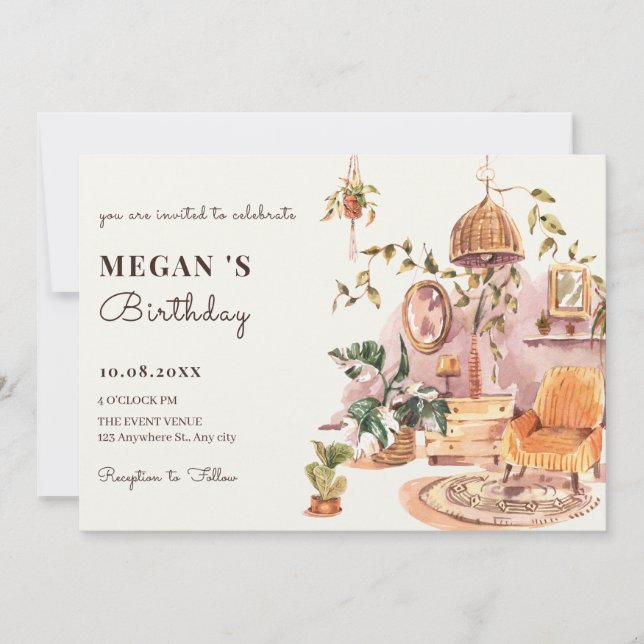 Invitation Boho maison aquarelle intérieur plantes anniversai (Devant)