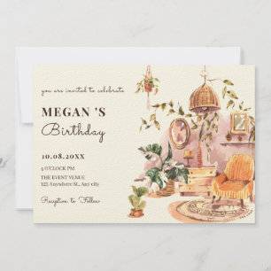 Invitation Boho maison aquarelle intérieur plantes anniversai