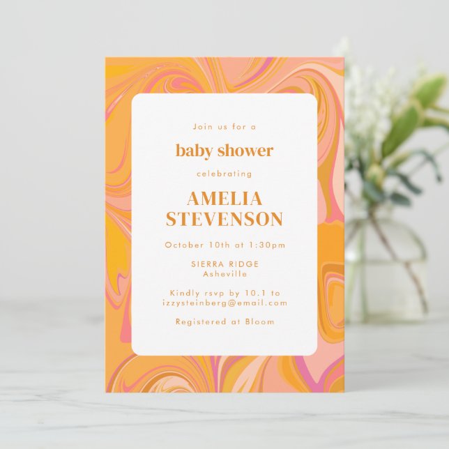 Invitation Boho Marbre jaune et rose Baby shower unique (Debout devant)