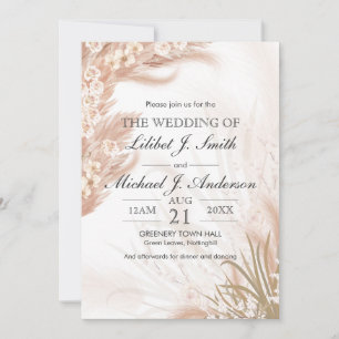 Invitation  Boho Mariage Coral Rose Pampas Grass Aquarelle