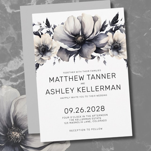 Invitation Boho Mariage Moderne Floral Noir et Blanc (Unique Boho Black White Watercolor Floral Wedding Invitation)