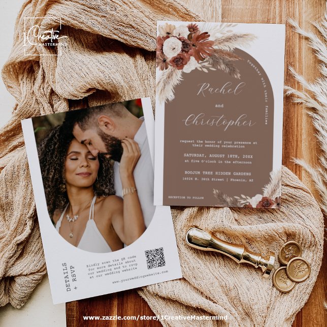 Invitation Boho Mariage Pampas Grass Arche Photo QR Code (Créateur téléchargé)