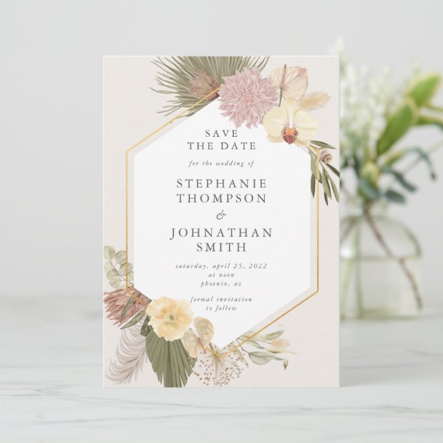 Invitation Boho Mariage Pampas Grass Orchid Enregistrer la da (Debout devant)