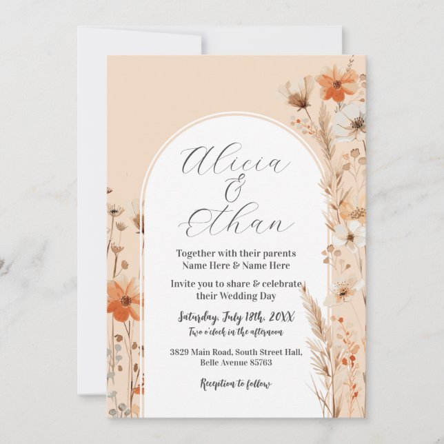 Invitation Boho Mariage Pêche fleurs fleurs (Devant)
