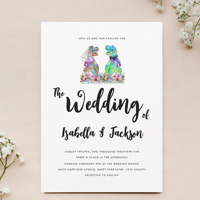 Invitation Boho Mariée et Marié Fleur Sauvage Dinosaure Maria (Colorful boho wildflower Dinosaur theme wedding invitation with fun T-Rex bride and groom)