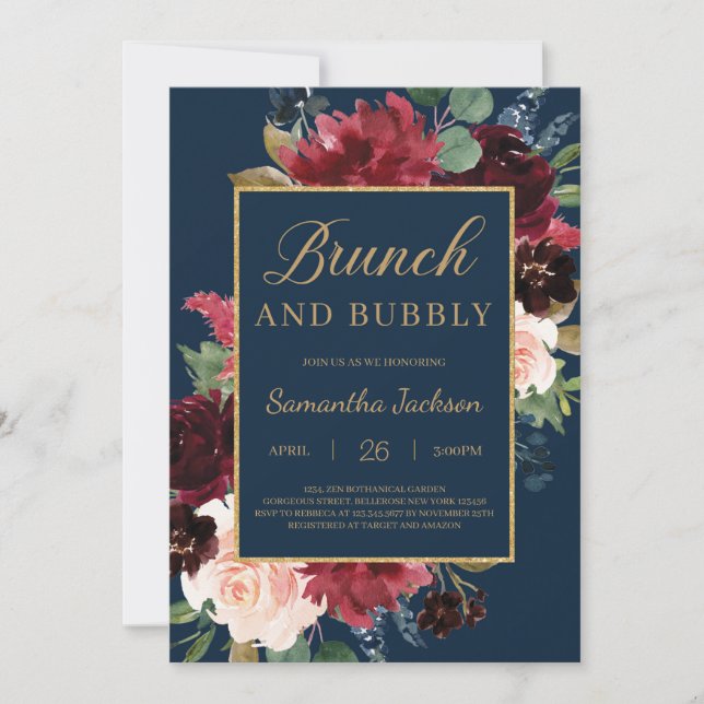 Invitation Boho marine bordeaux brunch floral et bulle (Devant)