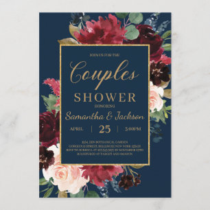 Invitation Boho marine bordeaux rousse floral couples douche