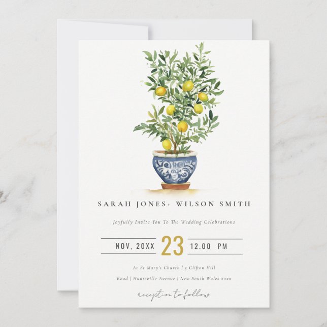 Invitation Boho Marocain Aquarelle Lemon Jaune Arbre Mariage (Devant)