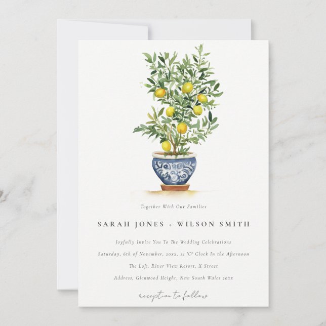 Invitation Boho Marocain Aquarelle Lemon Jaune Arbre Mariage (Devant)