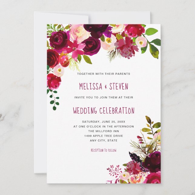 Invitation Boho maroon bordeaux fête des mariages floraux (Devant)