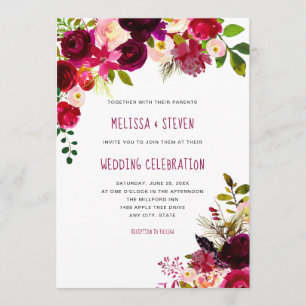 Invitation Boho maroon bordeaux fête des mariages floraux