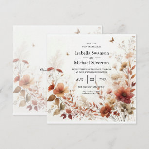 Invitation Boho Marron avec Papillons Fleurs de Mariage