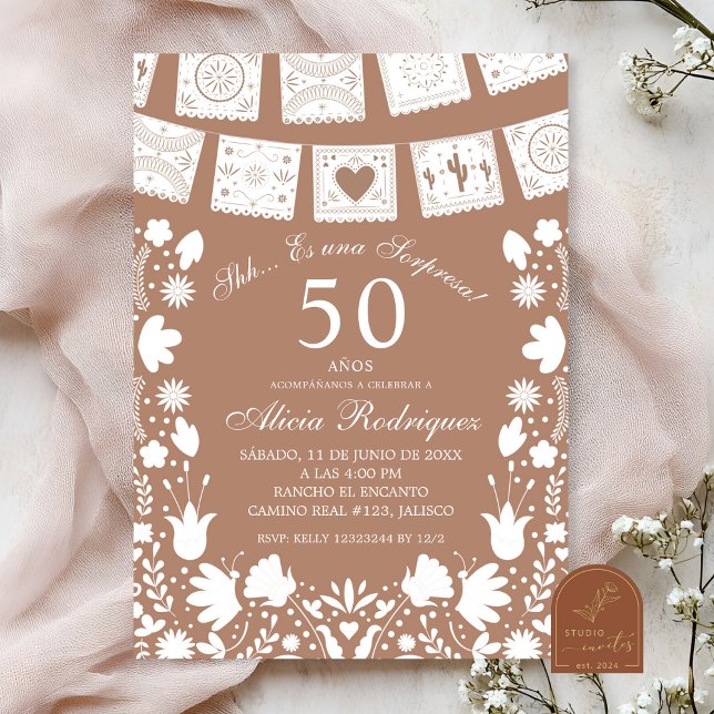 Invitation Boho Marron Talavera Mexicaine Surprise Anniversai (Créateur téléchargé)