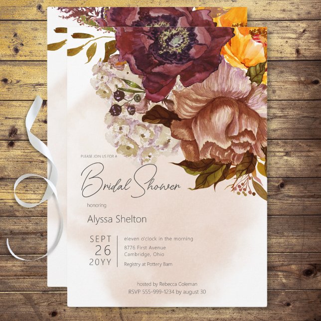 Invitation Boho Marsala Argile & Bouquet Jaune Fête des marié (Boho Marsala Clay & Yellow Bouquet Bridal Shower Invitation)