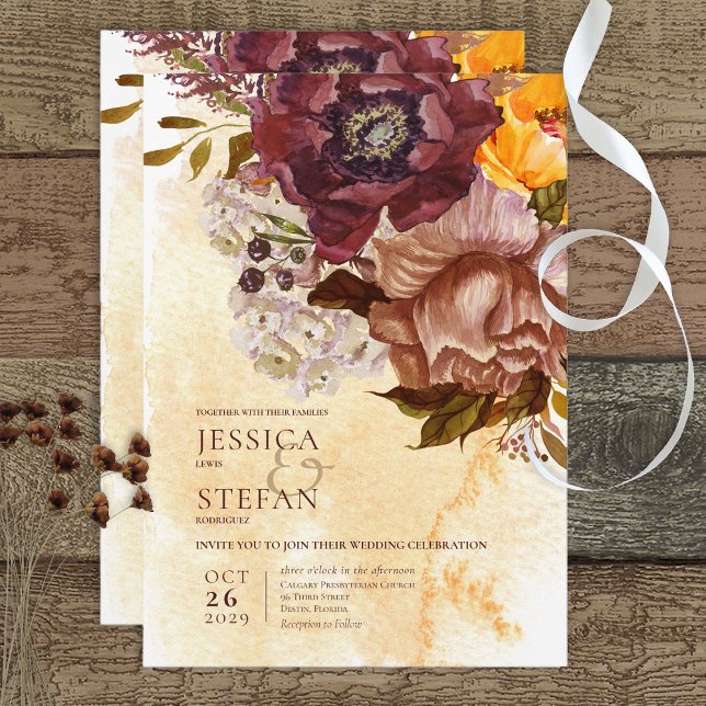 Invitation Boho Marsala Argile & Bouquet Jaune Mariage Jaune (Créateur téléchargé)
