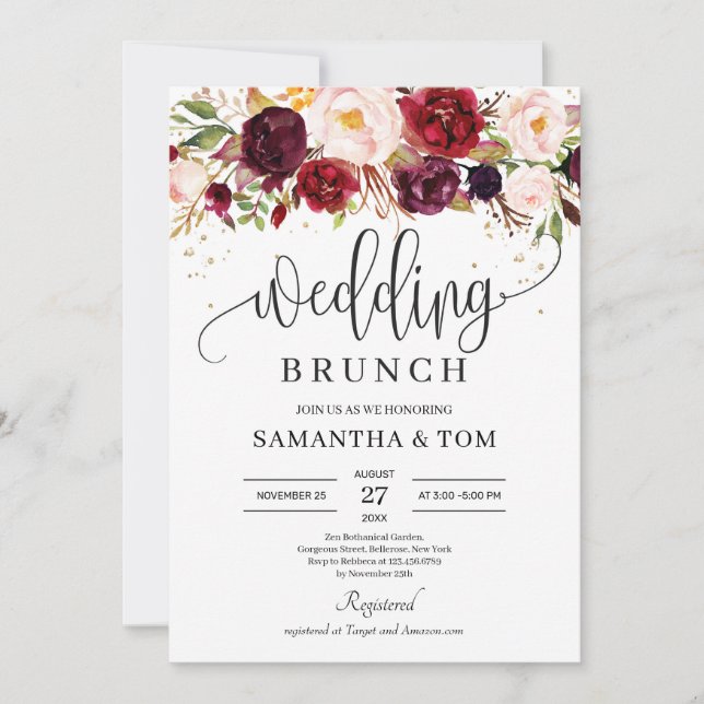 Invitation Boho marsala bordeaux or floral mariage brunch (Devant)
