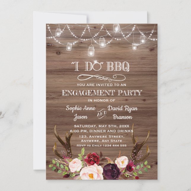 Invitation Boho Marsala Floral Antlers I DO BBQ Fiançailles (Devant)