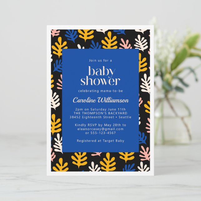 Invitation Boho Matisse Baby shower botanique bleu et noir (Debout devant)