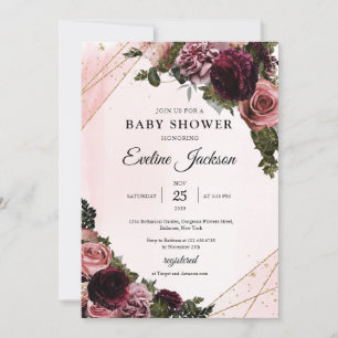 Invitation Boho Mauve et fleurs de marron cadre or rustique