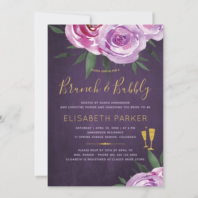 Invitation Boho mauve pivoines violet prune brunch et bulle (Devant)