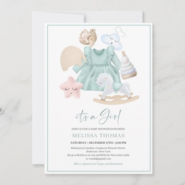 Invitation Boho menthe fille robe jouets en bois arc-en-ciel  (Devant)