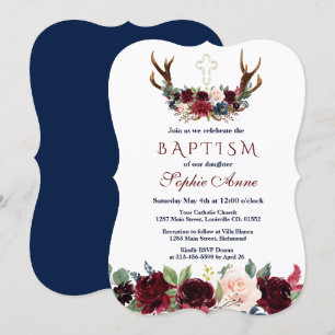 Invitation Boho Merlot Marine Bleu Floral Antlers Baptême