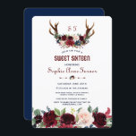 Invitation Boho Merlot Marine bleu Floral Antlers Sweet 16<br><div class="desc">Un design rustique et bohème pour des événements spéciaux, toutes saisons ! Ce design comprend des bois de cerfs, des merlots aquarelles, des bouquets de fleurs bleu marine, des flèches avec les mêmes fleurs et sur le dos un arrière - plan bleu marine. Utilisez l'outil Personnaliser pour ajouter vos informations....</div>