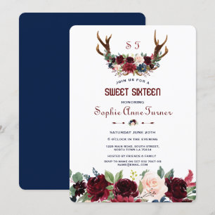 Invitation Boho Merlot Marine bleu Floral Antlers Sweet 16