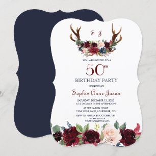Invitation Boho Merlot Marine Blue Floral Antlers 50e anniver