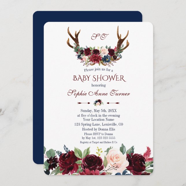 Invitation Boho Merlot Marine Blue Floral Antlers Baby shower (Devant / Derrière)