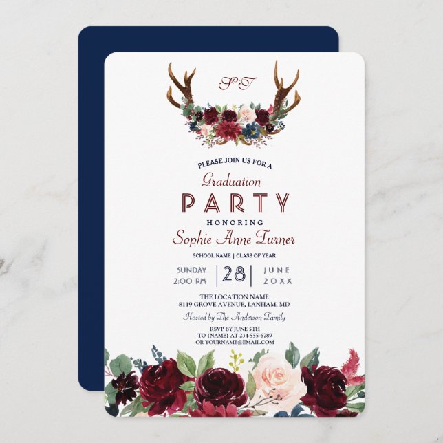 Invitation Boho Merlot Marine Blue Floral Antlers Graduation (Devant / Derrière)