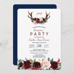 Invitation Boho Merlot Marine Blue Floral Antlers Graduation