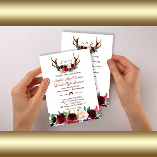 Invitation Boho Merlot Marine Blue Floral Antlers Mariage