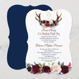 Invitation Boho Merlot Marine Floral Antlers Première communi