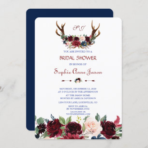 Invitation Boho Merlot Navy Blue Floral Antlers Fête des mari