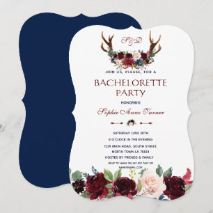 Invitation Boho Merlot Navy Floral Antlers Bachelorette Party