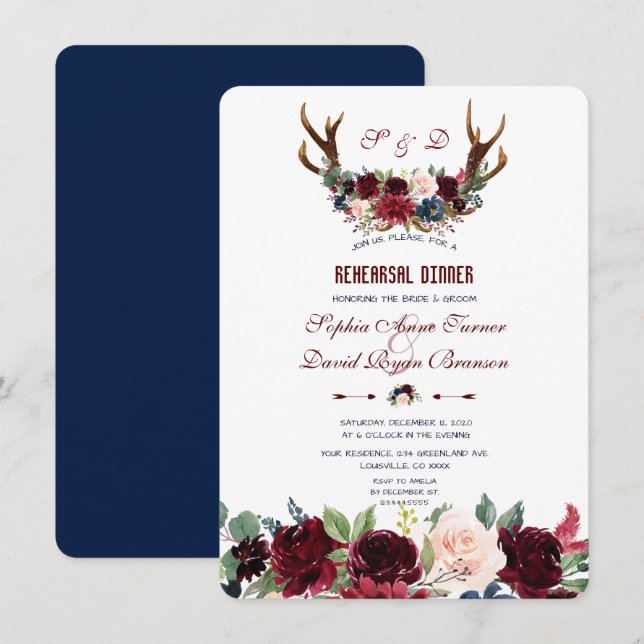 Invitation Boho Merlot Navy Floral Antlers Dîner de répétitio (Devant / Derrière)
