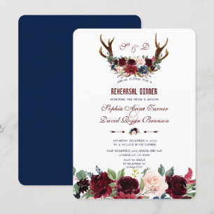 Invitation Boho Merlot Navy Floral Antlers Dîner de répétitio