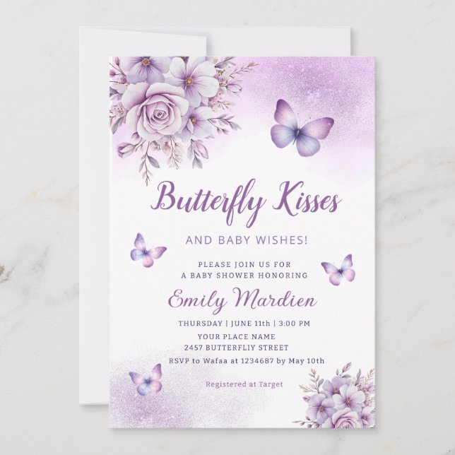Invitation Boho mignon papillon floral mauve Baby shower fill (Devant)
