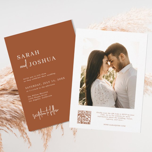 Invitation Boho minimal moderne brûlé Orange QR Code Mariage (Créateur téléchargé)