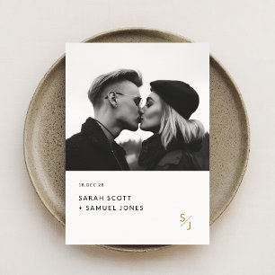 Invitation Boho Minimal Noir et Blanc Mariage Monogramme Or