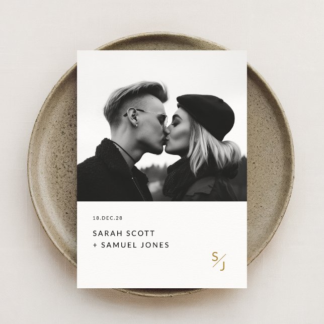 Invitation Boho Minimal Noir et Blanc Mariage Monogramme Or (Créateur téléchargé)