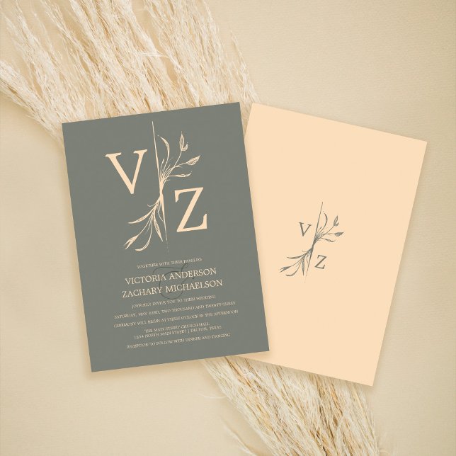Invitation Boho Minimal Sage Green Leaf Monogram Wedding (Créateur téléchargé)