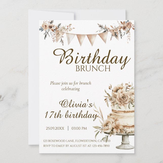 Invitation Boho minimalist birthday invitation, brunch invite (Devant)