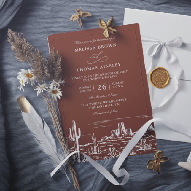 Invitation Boho Minimalist Terracotta Western QR Code Wedding (Créateur téléchargé)