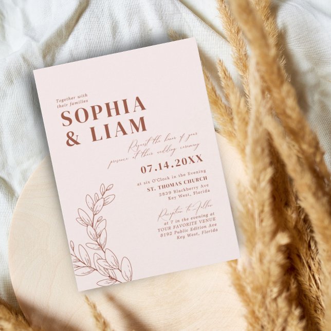 Invitation Boho Minimaliste Botanique Blush Terracotta Mariag (Créateur téléchargé)