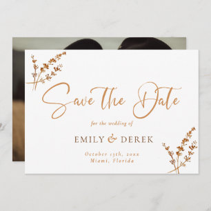 Invitation Boho Minimaliste Photo Brûlé Orange Floral Mariage